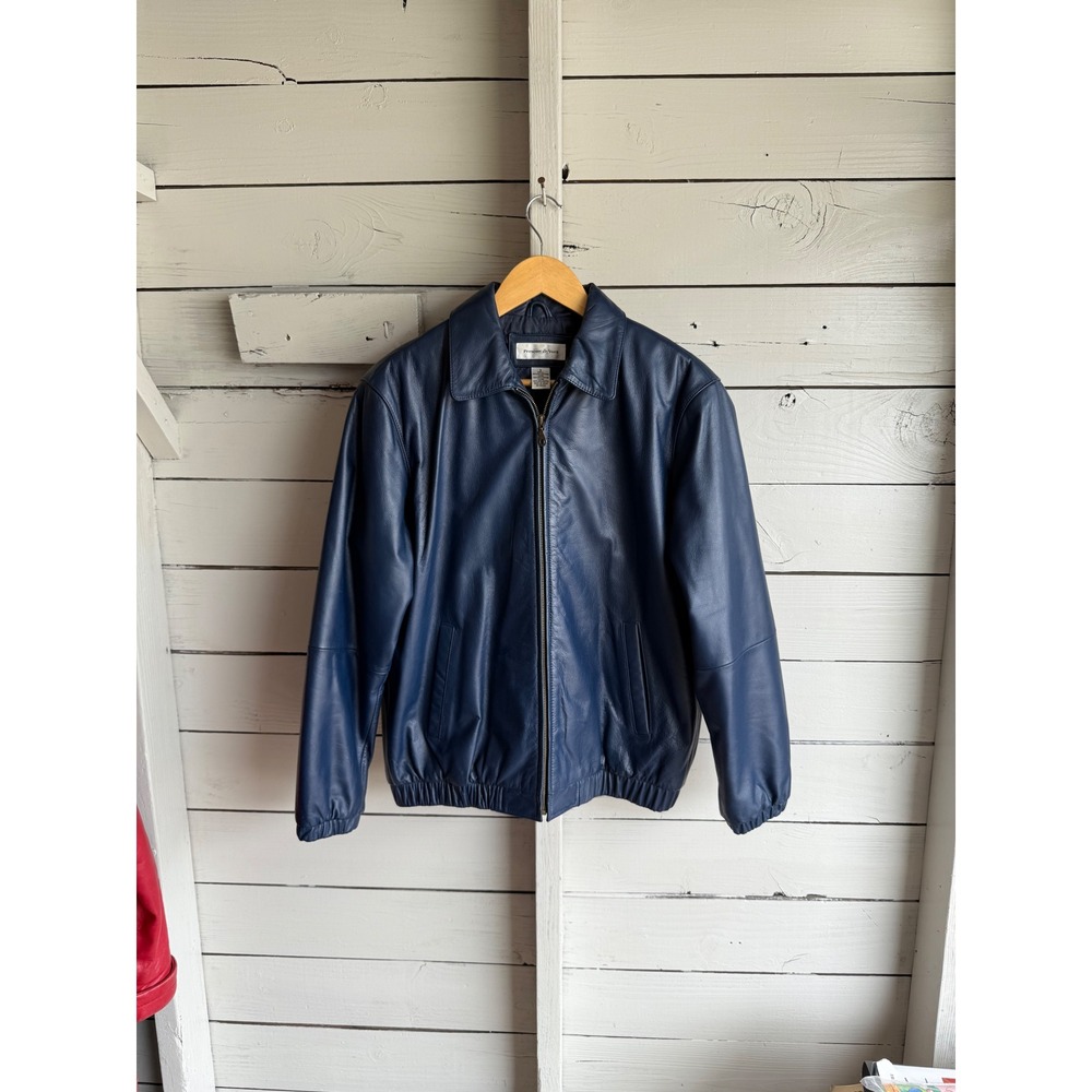 Preston & York Mens Navy Blue Genuine Leather Bomber Jacket Small Full Zip